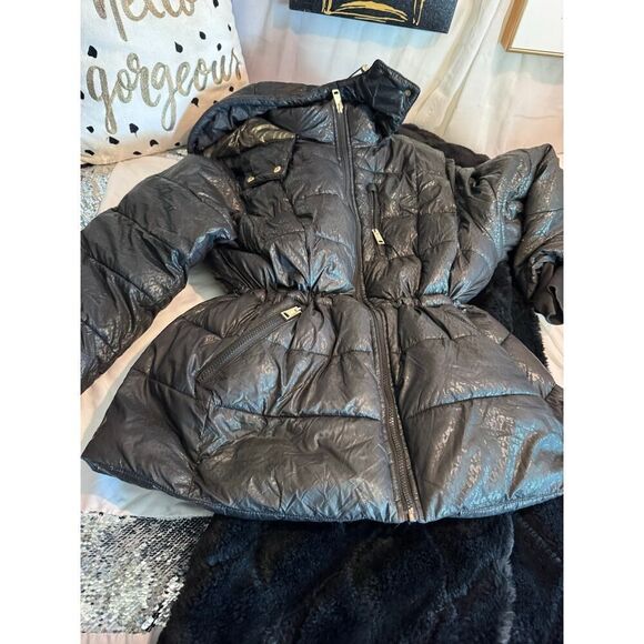 Michael kors shiny logo winter puffer jacket coat black gold plus2xl xxl hooded - Picture 11 of 13